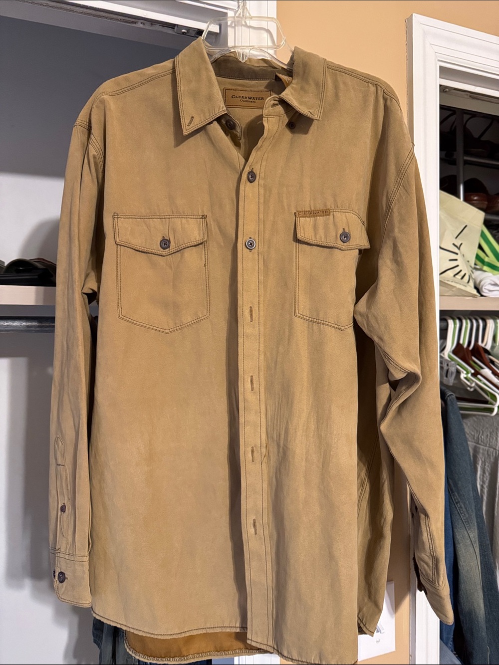 Clearwater Men's Long Sleeve Button-Up Shirt in Tan. Suede Feel